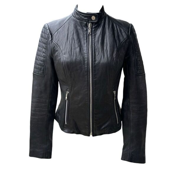 Wilsons Genuine Leather Motor Jacket Black Full Zip Quilted Shoulder Size XS VTG - Picture 1 of 12